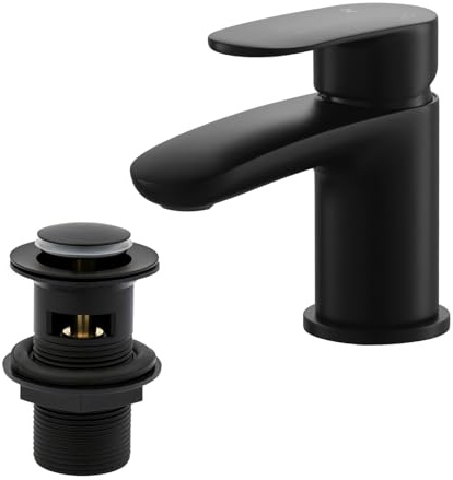 Basin Mixer Tap with Drain, BATHWEST Matte Black Brass Bathroom Sink Taps with Waste, Modern Bathroom Taps with Pop Up Waste Middle 492NBK
