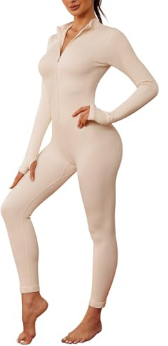 Svanco Combinaison Moulante Femme - Manches Longues, Côtelé, À Fermeture Éclair, Ensembles Sportswear Une Pièce pour Yoga et Fitness