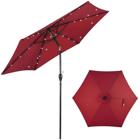 KOMFOTTEU Ombrellone da Giardino 3 x 3 m con LED e Manovella, Ombrellone da Balcone Pieghevole e Inclinabile, Ombrellone da Cortile in Tessuto di Poliestere, Ombrellon per Patio, Spiaggia (Bordeaux)