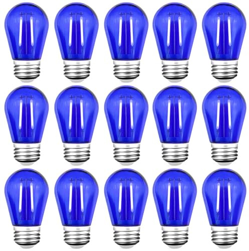 GUILEDUO 15 Pack S14 LED String Light Bulbs, Shatterproof 2 Watt Blue Replacement Bulbs for Outdoor String Light, Waterproof Decorative E26 Base Blue Filament Edison Christmas Light Bulbs, 120V
