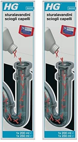 HG Drain and Plug Hair Unblocker Disgorgante Liquido Rimuove Tappi di Capelli e Sporco, Sblocca Rapidamente Scarichi e Tubi di Bidet, Lavandino, Doccia e Vasca da Bagno, 200 ml + 250 ml