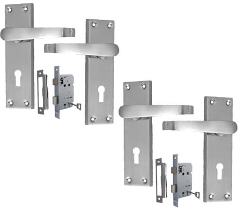 Victorian Straight Lock Handles, Satin Nickel Door Handles, Back Plate, 150 x 42mm, Door Handles Multipack, Door Handles (2 Pair of Lock Handles + 3 Lever MORTICE SASH Lock)