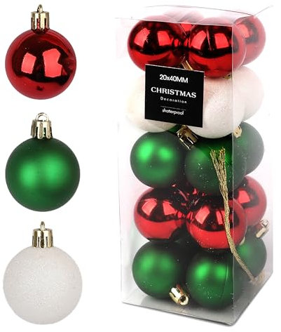 Juego de bolas para árbol de Navidad, 20 x 4 cm, bolas en rojo brillante, blanco brillante y verde mate, decoración perfecta para árboles de Navidad, coronas de Adviento y arreglos de mesa