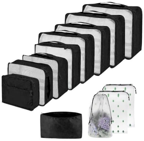 Große Koffer Organizer Set 12-teilig, Wasserdichte Packwürfel, Travel Organizer zum Gepäckpacken, Familienreisen, Aufbewahrung zu Hause (12 schwarz)