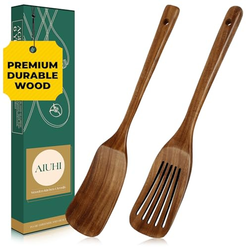 2 st träspatel för matlagning, handgjord teak träspatel set, långt handtag spatel set innehåller slitsad spatel och stekspade