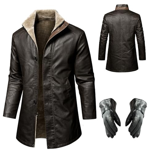 Cazadora Cuero Hombre, Talla Grande de Solapa Cazadora Cuero Invierno Larga Cálido Chaqueta Cuero Chaqueta Polipiel con Guantes de Cuero (Marrón,XL)