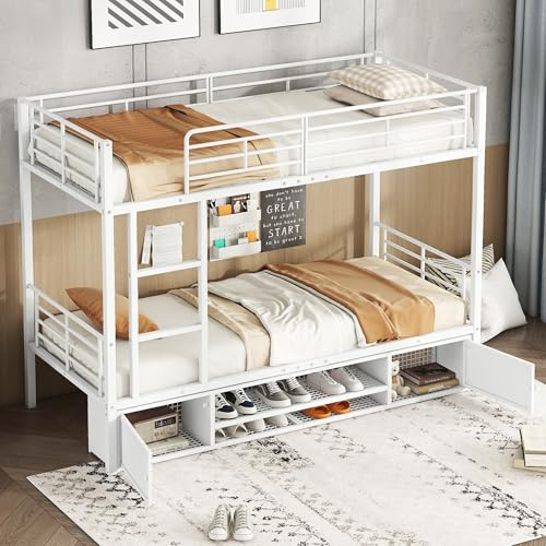 Gegtuon Etagenbett Bett 90x200 für 2 Kinder, Kinderbett Metallbett mit Stauraum Schuhregal & Leiter, Hochbett Bettgestell mit Lattenrost und Rausfallschutz für Jungen Mädchen, ohne Matratze, Weiß
