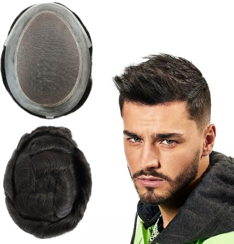 Men’s Real Human Hair Toupee – Breathable Mono Top with Durable PU Base, Natural Hairline, Lightweight Hair Replacement Systems (6x9)