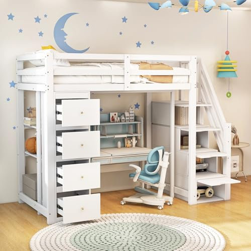 Kinderbett Etagenbett 90x200, Hochbett Hausbett mit 4 Schubladen&Regalen&Treppe, Funktionsbett Einzelbett Holzbett Stockbett Jugendbett Spielbett mit Rausfallschutz&Lattenrost, Kiefernholz, Weiß