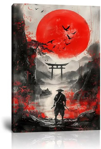 Japanische Samurai- und Vollmondbilder, Wandkunst, japanisches Thema, Gemälde, Leinwanddrucke, Bushido-Poster, japanische Landschaft, Kunstwerk, Heimdekoration, gerahmt für Wohnzimmer, Schlafzimmer