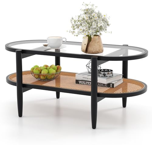 COSTWAY 2-Tier Coffee Table, Tempered Glass Cocktail Center Table with Rattan Storage Shelf, Acacia Wood Frame Accent Sofa Side Tea Tables for Living Room and Office (Oval, 102x56x46cm, Black)