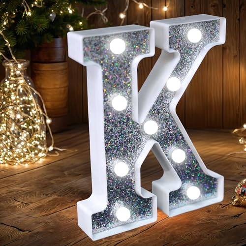 LED Marquee Letter Lights, Light Up Silver Glitter Letters Sign Battery Powered Night Light for Birthday Party Wedding Home Decoration Baby Shower-K