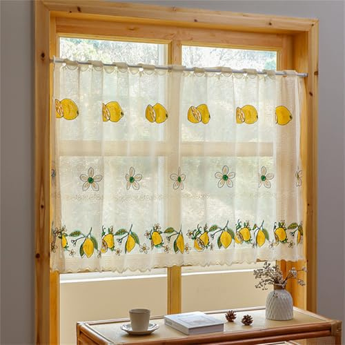 AQCQDQ Scheibengardine Landhaus, Kurz Gardinen Fenster Halbtransparent, Zitronen-Stickerei Vorhang, Küchenvorhänge, Bistrogardine, Kaffee Vorhänge (150 * 85 cm)