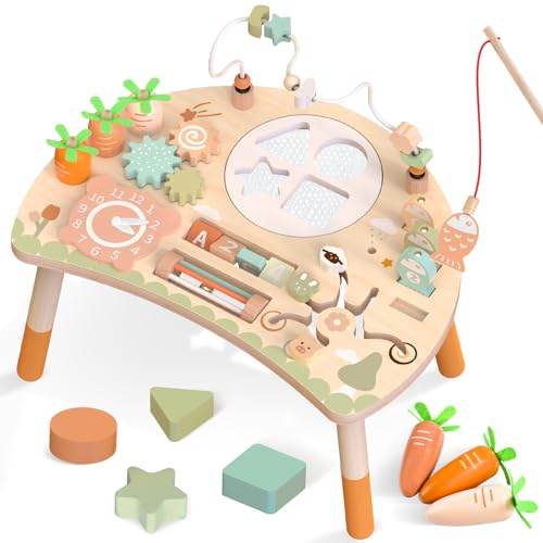 Hewaurorion Mesa de Actividades Bebe de Madera, 9 en 1 Juguetes Sensorial Montessori con Laberinto de Cuentas, Juego de Pesca, Juguetes Niños, Regalos Cumpleaños Navidad (yg)