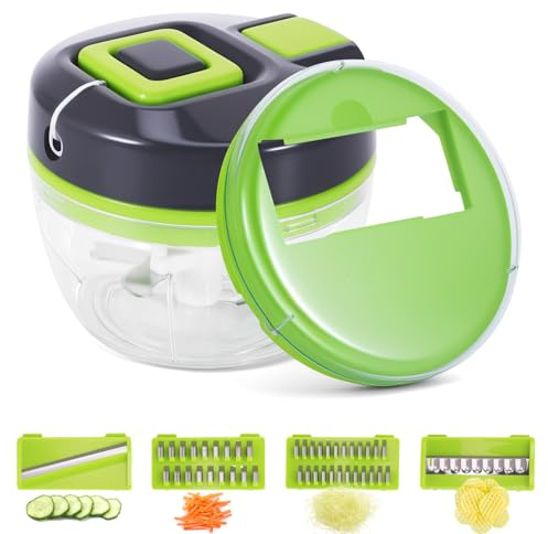 Tritatutto manuale per cipolle, 520 ml, taglia cipolle 5 in 1, multifunzione, con 4 lame e 1 frullatore, tagliaverdure manuale per cipolle, verdura, noci, frutta, peperoni, carne