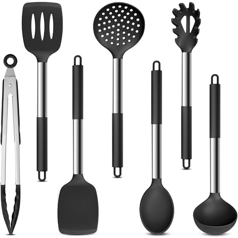 Herogo 7 Stück Silikon Küchenhelfer Set mit Edelstahlgriff - Schwarz | Küchenutensilien Set, Antihaftbeschichtetes, Hitzebeständiges Silikon zum Kochen, Leicht zu Reinigen, Spülmaschinenfest