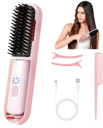 Wenosda Ionische -Glättbürste 2 in 1 mit Rotlicht – Antibrüh-Haarglätter mit Negativ-Ionen & LED-Temperaturdisplay, Tragbare Glätteisen für Reise, Für Alle Haartypen ，Zuhause，Salon，Reise, Schwarz