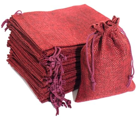 YUNSHANGHE 30 stycken jutesäckar, små presentpåsar 10 x 15 cm, jutepåse tygpåse, smyckespåse med dragsko, linnepåsar för smycken bröllopspresenter jul (vinröd)