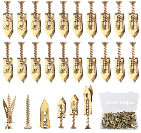 120pcs Self Drilling Anchor Screws Kit,3 Sizes Heavy Duty Plasterboard Fixings Self Tapping Screws, Dry Wall Anchor Screw Set,Upgraded Zinc Plated Steel Fasteners No Drill Needed For Wall Hanging