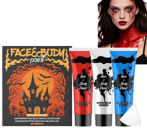 Three Colors Face Body Paint Kit,White Red Blue Halloween Makeup for Cosplay Costume Party,Full-Coverage Blendable Face Paint Sticks for Halloween Face Painting & SFX Makeup,Body Painting for Adults