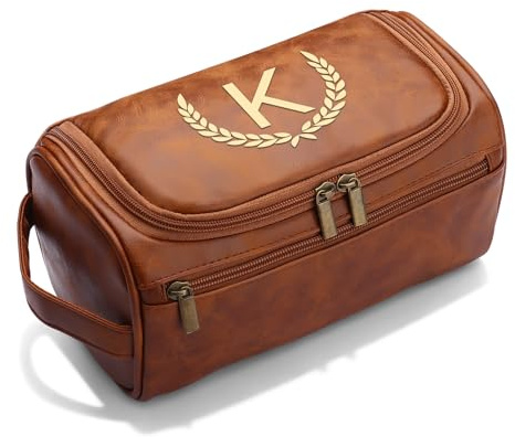CGFN Herren-Kulturbeutel, personalisierbares Geschenk für Männer, personalisierbar, PU-Leder, Kulturbeutel mit Initiale zum Aufhängen, Weihnachts- und Geburtstagsgeschenke, hellbraun, M
