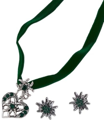 Oktoberfest Parure de Bijoux Fantaisie Traditionnels pour Femme, Fête de la Bière Collier Boucles d'oreilles Cœur Edelweiss, Bijoux pour Dirndl Bavarois, Collier pour Costume Traditionnel Dirndl(Vert)