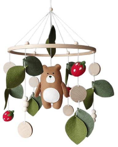Wald Baby Mobile mit Bär, Blättern & Beeren – Handgemachtes Filz Mobile – Neutrale Deko fürs Babyzimmer – Geschenk zur Geburt oder Babyparty – Woodland Deko für Jungen & Mädchen