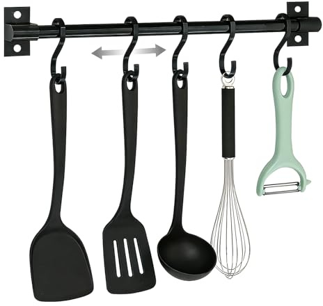 ROEOWENE Porte Ustensiles Cuisine Mural 30cm Support Ustensiles Sans Percage avec 5 Crochets Réglable Barre Ustensile Accroche Murale Barre à Crochets pour Salle de Bains,Garage