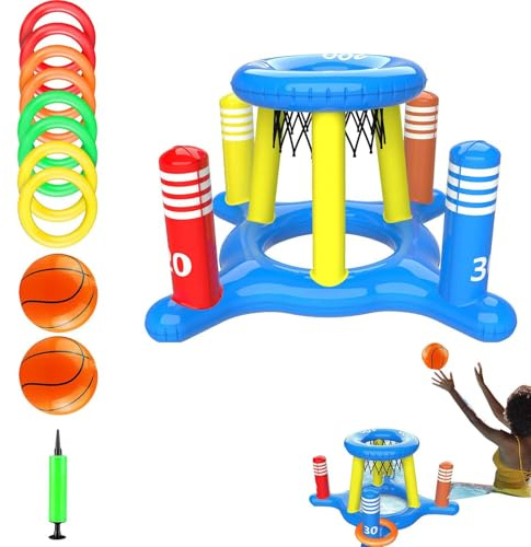 Pool-Basketballkorb – Aufblasbarer Ringwurf, Starke Schwimmende Zielscheibe, Tragbares Wassersportspielzeug Für Den Außenbereich | 2-in-1-Poolspielset Für Kinder Und Erwachsene, Sommer-Hinterhofspaß-S