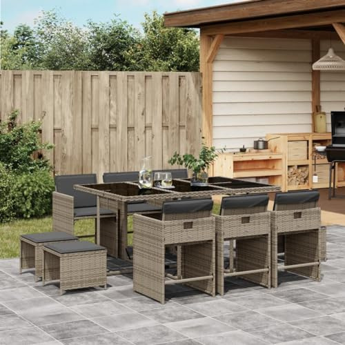 QJBSAVVA 11-TLG. Garten-Essgruppe klappbar mit 165x106 cm Gartentisch & Poly-Rattan Stühlen, dunkelgrau, platzsparendes Balkonmöbel-Set für Garten Terrasse Kleiner Balkon