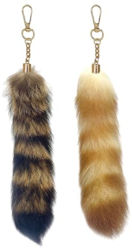 OuryTech Fuchsschwanz, 2 Stück Therian Tail und Fuchs Anhänger, Fluffy Raccoon Tail Keychain als Deko, Cosplay Zubehör oder Schlüsselanhänger