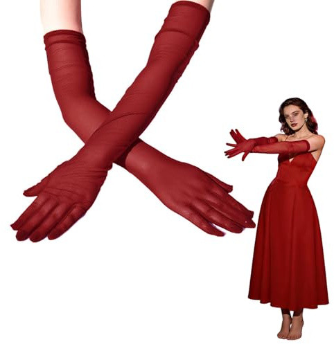 THXFUNAREA 1 Paar Lange Damen Handschuhe aus Rotem Tüll, Elegante Abendhandschuhe für Hochzeit, Ball, Oper und Galas, Atmungsaktive Mesh Langhandschuhe für Braut, Cocktailparty, Fasching und Karneval