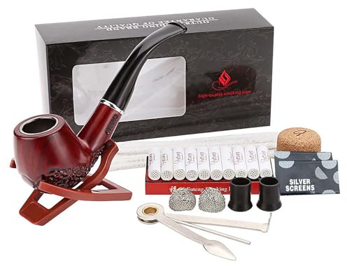 Vintage Style Smoking Pipe Tobacco Set with Cleaning Tools & Accessories | Bakelite & Metal Tobacco Pipe, Faux Wood Filter Pipe, Pipe Stand, Tamper, Cleaners | Complete Kit for Pipe Smokers (A)
