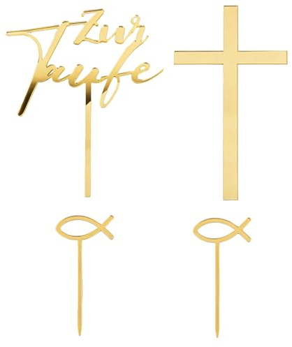 4 Stück Cake Topper Taufe Kreuz Fisch Zur Taufe Tortendeko Taufe Deko Torte Gold Acrylic Topper Tortendeko Kommunion Junge Mädchen Tortenstecker Kuchendeko für Babyparty Tauftorte Kuchen Dekoration