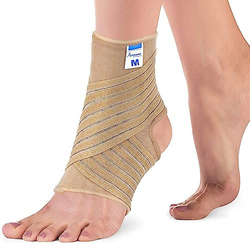Actesso Knöchelbandage – Sprunggelenkbandage für Schmerzen, Verstauchungen & Sportverletzungen | Bandage Fußgelenk für Männer/Frauen | Links/Rechts Tragbar (Beige, Klein)