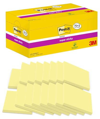 Post-it Super Sticky Notes, 1440 Sheets, Value Pack of 14 + 2 Free Pads, 76 mm x 76 mm, Canary Yellow - Holds Strong to Many Surfaces - for Walls, Monitors and Fridge, Recycable