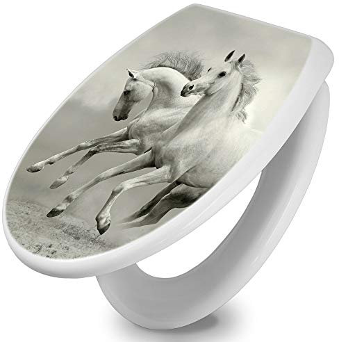 banjado Toilettendeckel mit Absenkautomatik 44,5x37cm / WC Brille Soft Close/hygienischer Toilettendeckel/Klodeckel Duroplast Edelstahl Scharniere einfache Montage/Motiv Wilde Pferde SW
