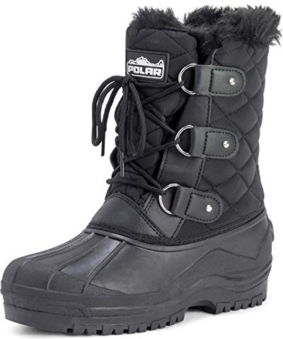 Polar Women’s Waterproof Winter Hiking Boots - Insulated Mid Calf Snow Boots with Non-Slip Sole, Warm Lining & Lace-Up Design for Outdoor Walking, Trekking & Cold Weather - Black - UK 6