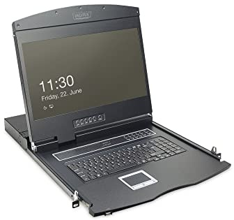 DIGITUS 19 KVM Konsole mit 19 TFT Display (16:9), ohne Tastatur Modul (separat erhältlich), ohne KVM Switch (separat erhältlich), Schwarz