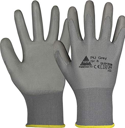 10 Paar Hase Safety Gloves PU Grey Nylonhandschuhe Arbeitshandschuhe mit PU-Beschichtung, ölbeständige Montagehandschuhe, Ideal für Feinarbeiten, Montage, Industrie Gr. L (09)