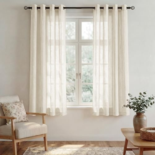 PONY DANCE Short Curtains - Half Transparent Voile Curtains with Eyelets Soft Draperies with Cross Pattern Decor for Living Room/Kitchen/Bedroom, 52x62 Inch, Beige, Pack of 2
