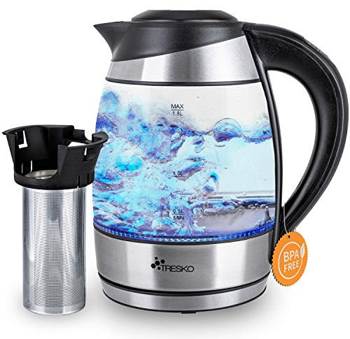 TRESKO Hervidor de Agua Eléctrico de Cristal 1,8L con Iluminación LED | Incluye Filtro de Té & Antical | Acero Inoxidable | 2200W | Temp. Regulable | Desconexión Automática | Libre de BPA