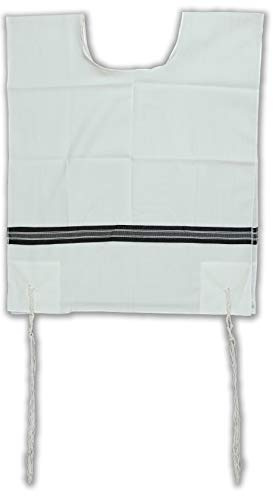Tallit Tallit Katan Chabad Kesher Tzitzis aus Wolle, handgefertigt, Weiß mit schwarzen Streifen, mens size 28 (israeli size 8)