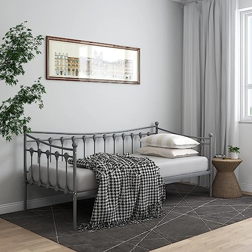 vidaXL Schlafsofa Bettgestell Tagesbett Metallbett Bettsofa Einzelbett Bett Gästebett Sofabett Sofa Couch Jugendbett Grau Metall 90x200cm