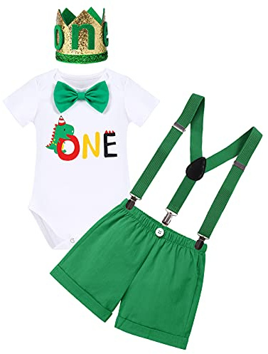 Tenue de Premier Anniversaire pour Bébé Garçon Dinosaure Barboteuse en Coton à Manches Mourtes Bretelles Ajustables élastiques Bandeau Couronne 4pcs Set Vêtements d'été Accessoires Photo Vert 1 an
