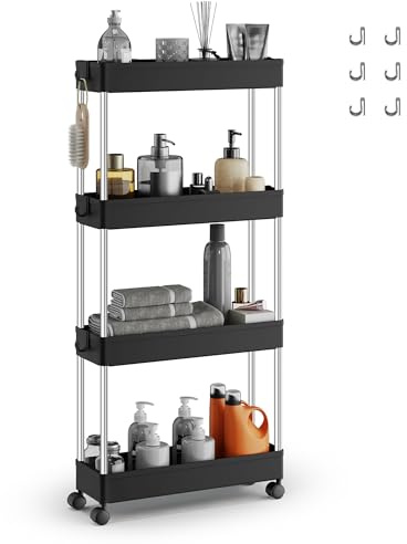 SONGMICS Carro de Almacenamiento de 4 Niveles, Carrito con Ruedas, Carro de Cocina, Ahorro de Espacio, para Baño, Oficina, 14,4 x 42 x 86 cm, Negro Tinta KSC008B01
