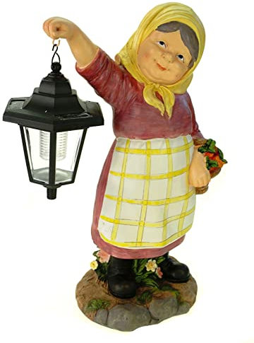 Kremers Schatzkiste Gartenfigur Oma Edeltraud mit Solarlaterne und Korb 39 cm