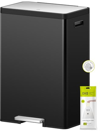 EKO Ecocasa II 40L Double Rubbish Bin, 2×20L Kitchen Recycling Bin with Soft-Close Lid, Deodoriser Compartment and Fingerprint-Resistant Stainless Steel Trash Bin for Waste & Recycling, Matt Black