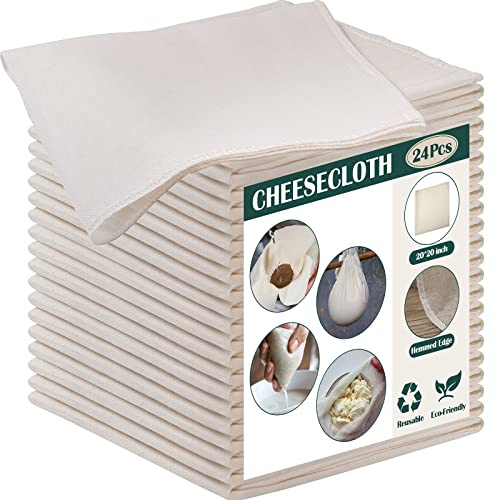 Reginary 24 Pcs 20 x 20 Inches Cheese Cloths Bulk, Grade 100, Hemmed Cheesecloth for Straining Unbleached Cotton Muslin Cloth Reusable for Thanksgiving Turkey Cooking Baking Juicing Cheese Making