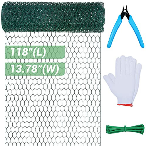Chicken Wire Mesh Roll, 35cm x 3m Rustproof Galvanised Chicken Wire PVC Coated, Sturdy Hexagonal Mesh Green with Cutting Pliers Gloves Cable Ties for Animal Poultry Fence Gardening Netting DIY Crafts
